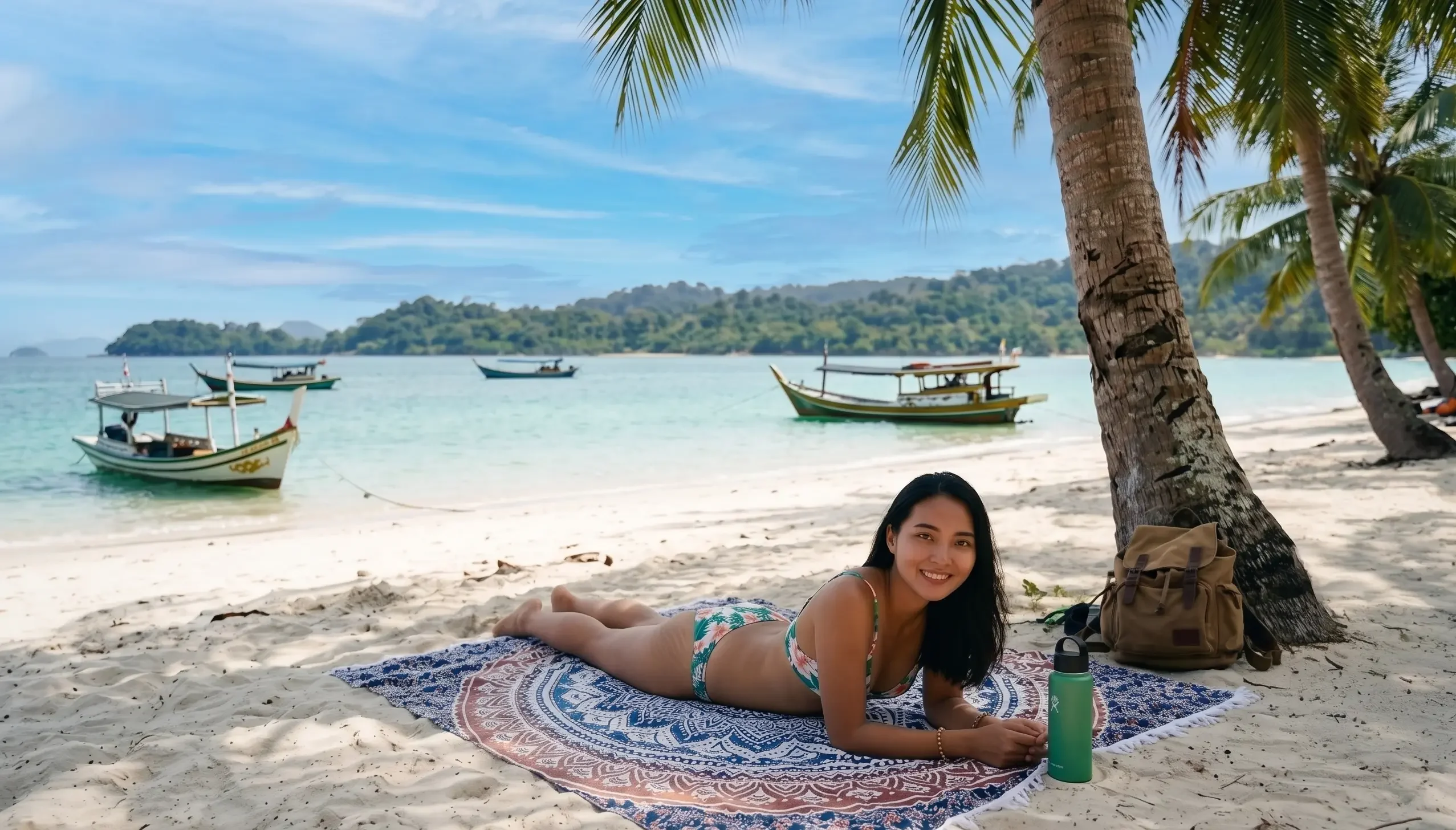 A girl laying on a beach mat in Beras Basah Island Island hopping Langkawi